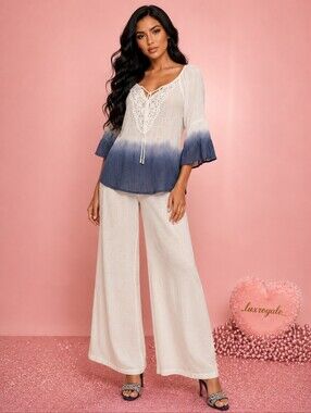 BCX White Blue Ombre Bell Sleeve Boho Peasant Blouse XS